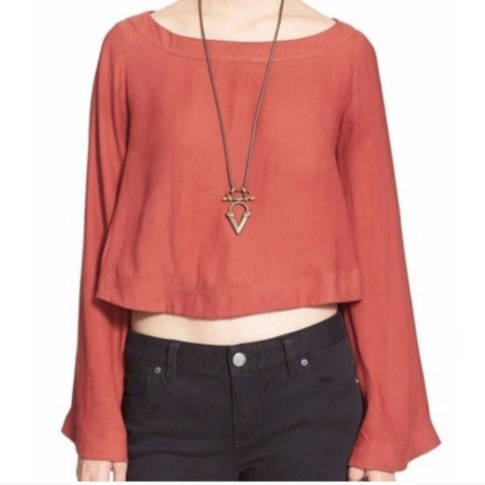 Free People Stars Aligned Bell Sleeve Cropped Top in Red Clay